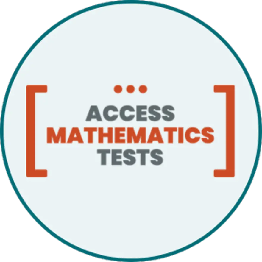Access Mathematics Tests logo in a pale blue circle with teal rim