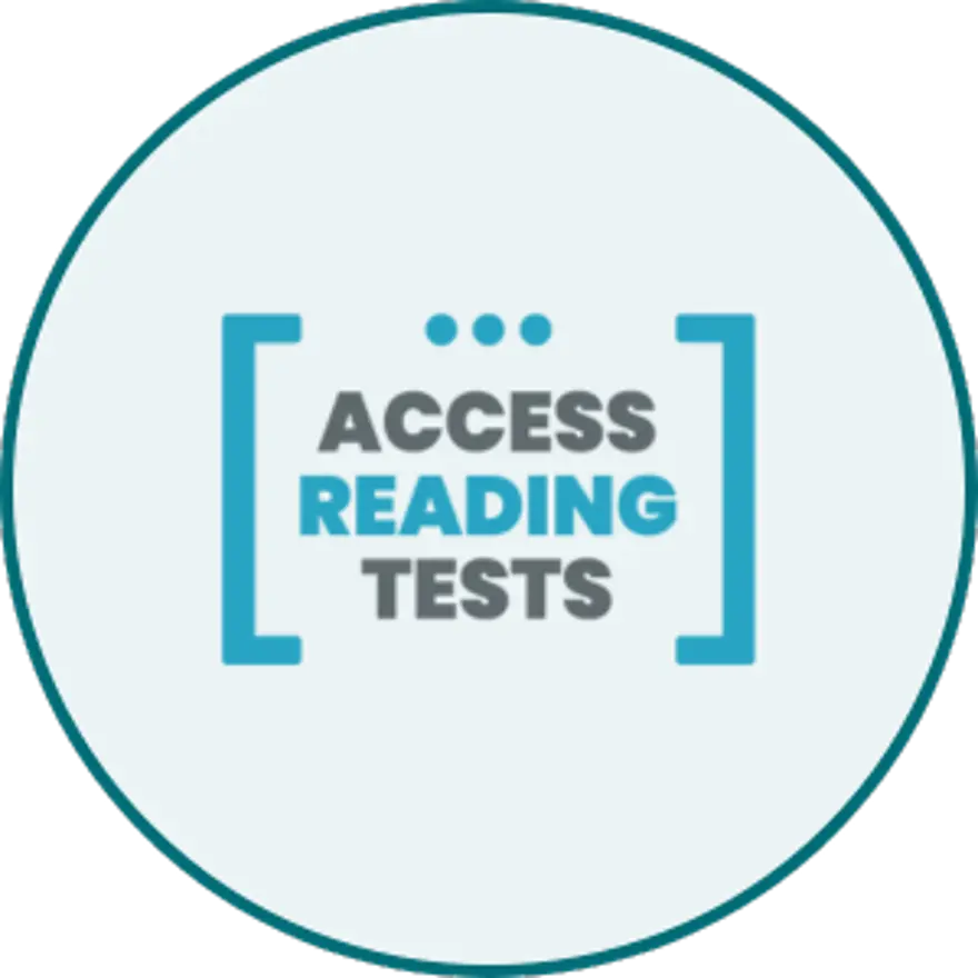 Access Reading Tests logo in a pale blue circle with teal rim