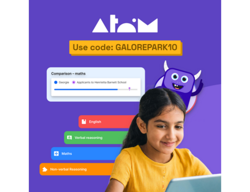 Graphic showing a young girl on a laptop with the Atom Learning logo and a discount code on a purple background